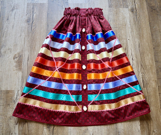 Couture Ribbon Skirt Button Down Pocket Womens Peach RicRac Maroon Geometric Print Cotton Faux Elk Teeth Miscellaneous OOAK Indigenous *up to 50 inches* (enter desired waist size “inches” or Dress/Pants size in order notes)