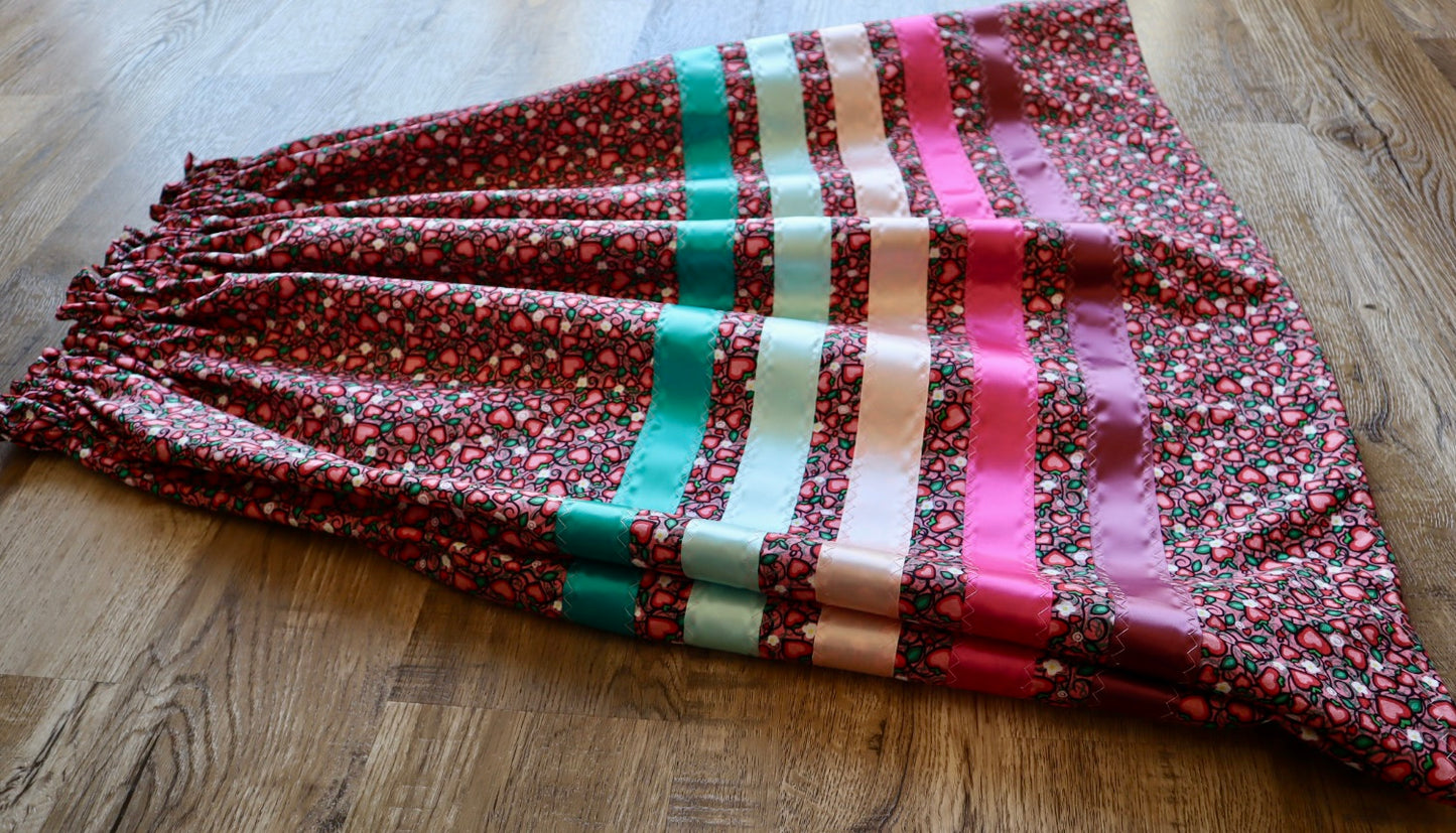 Handmade Ceremony, Casual Ribbon Skirt: Turquoise to Pink Ombre, Heart Berry Indigenous Floral Print, Custom Waist *up to 50 inches* (enter desired sizes waist size “inches” or Dress/Pants size in order notes)