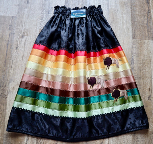 Couture Embroidered Stacked Bison Ribbon Skirt Pockets Womens Black Floral Satin Earthy Ombre OOAK Indigenous HandMade *up to 50 inches* (enter desired sizes waist size “inches” or Dress/Pants size in order notes)