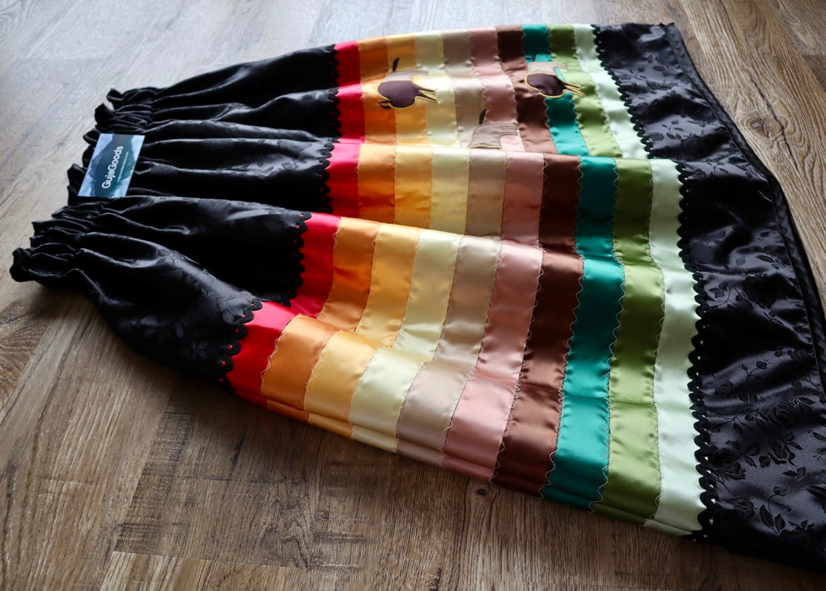 Couture Embroidered Stacked Bison Ribbon Skirt Pockets Womens Black Floral Satin Earthy Ombre OOAK Indigenous HandMade *up to 50 inches* (enter desired sizes waist size “inches” or Dress/Pants size in order notes)