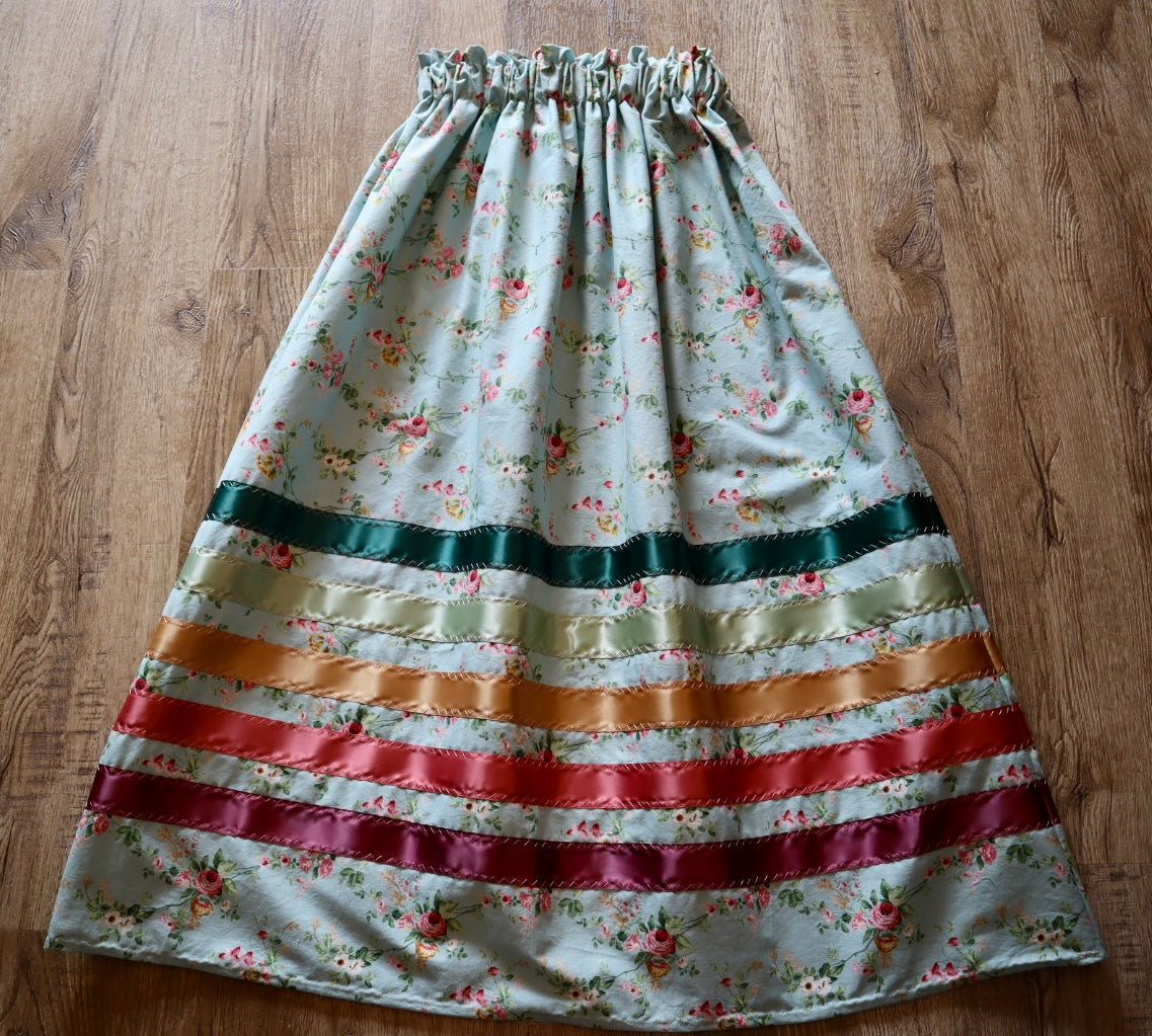 Handmade Ceremony, Casual Ribbon Skirt: Earth Tone Ombre, Light Turquoise Floral Print, Custom Waist *up to 50 inches* (enter desired sizes waist size “inches” or Dress/Pants size in order notes)