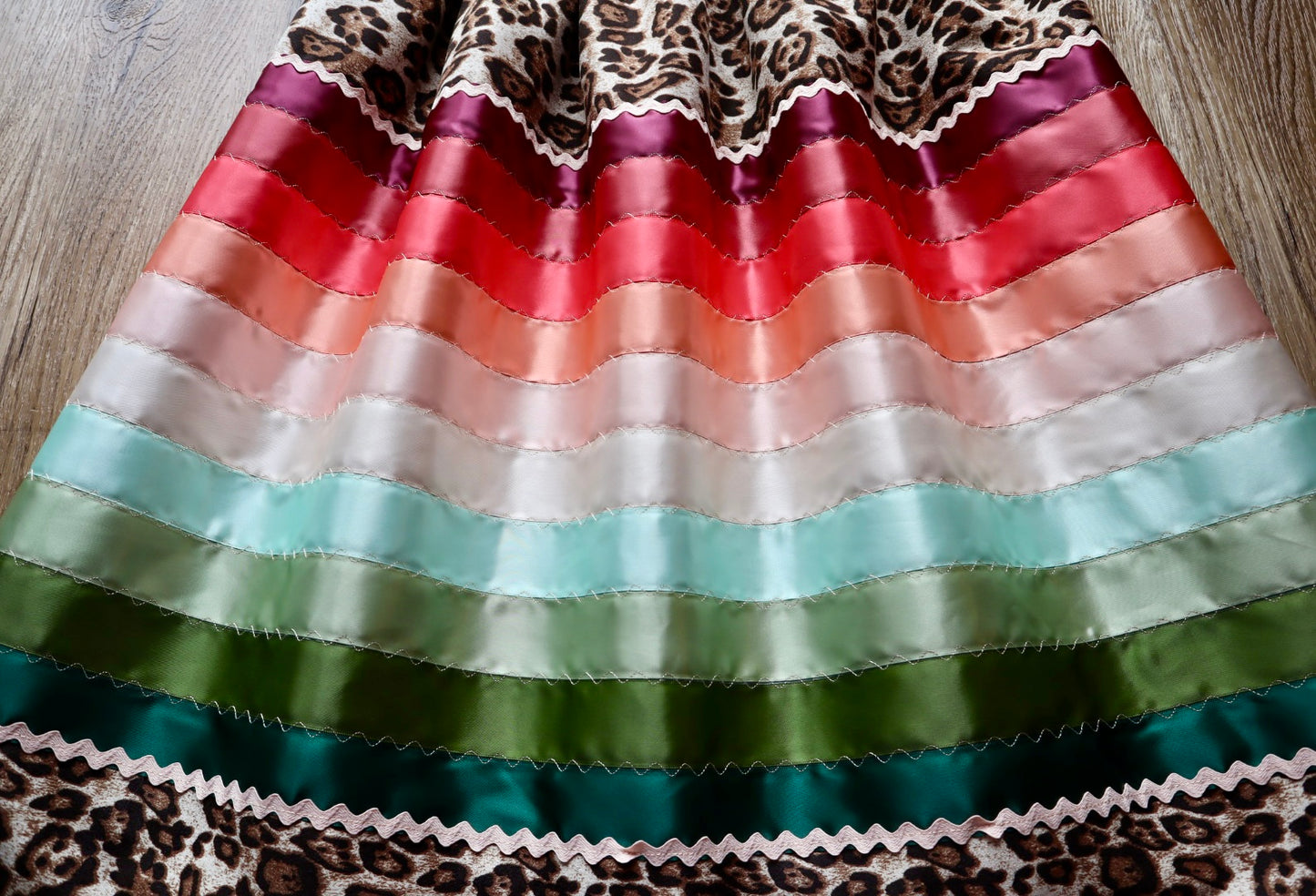 Couture Stacked Ribbon Skirt Pockets Womens Cheetah Print Watermelon Tone Ombre RicRac Premium Cotton OOAK Indigenous HandMade *up to 50 inches* (enter desired sizes waist size “inches” or Dress/Pants size in order notes)