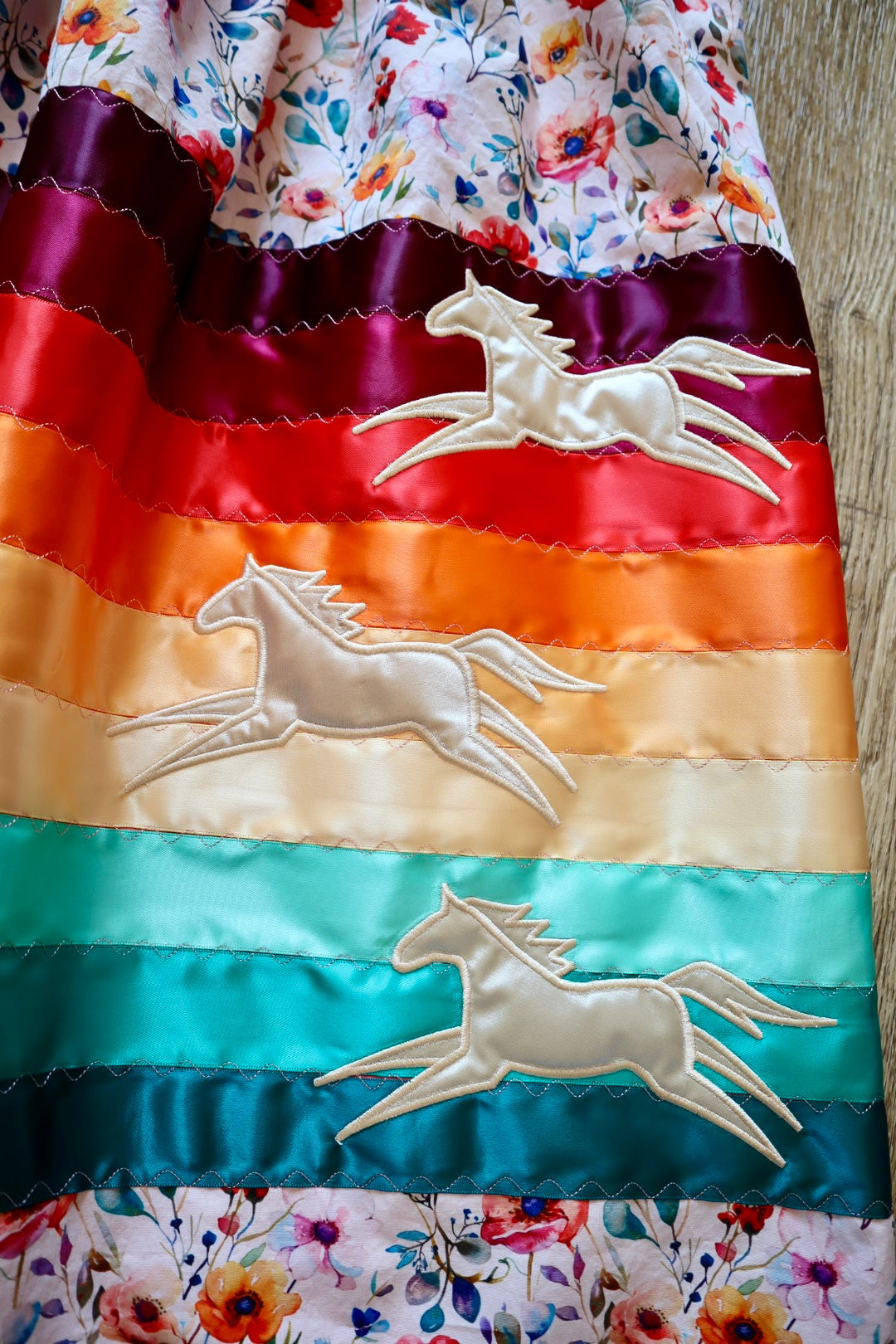 Couture Embroidered Stacked Pony Ribbon Skirt Pockets Womens Floral Cotton Fire Water Ombre OOAK Indigenous HandMade *up to 50 inches* (enter desired sizes waist size “inches” or Dress/Pants size in order notes)