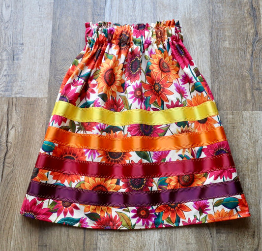 Handmade Ribbon Skirt, Child Size 6-8 Maroon Orange Ombre Oversized Sunflower Floral Print Premium Cotton, OOAK Indigenous Made Clothing