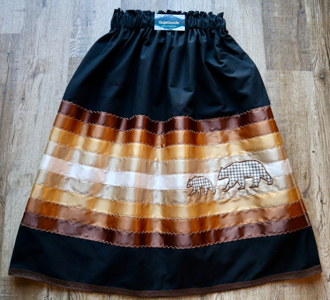 Couture Embroidered Stacked Mama Bear & Cub Ribbon Skirt Pockets Womens Black Cotton Gold Ombre OOAK Indigenous HandMade *up to 50 inches* (enter desired sizes waist size “inches” or Dress/Pants size in order notes)