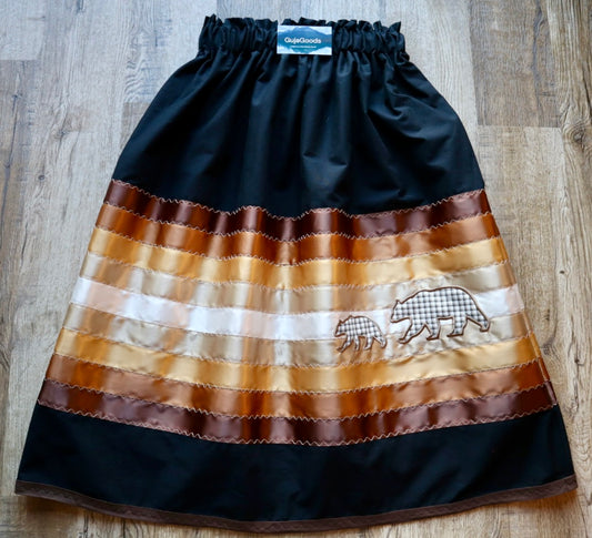 Couture Embroidered Stacked Mama Bear & Cub Ribbon Skirt Pockets Womens Black Cotton Gold Ombre OOAK Indigenous HandMade *up to 50 inches* (enter desired sizes waist size “inches” or Dress/Pants size in order notes)