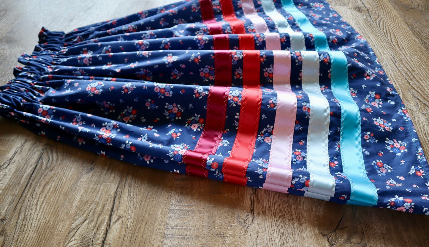 Handmade Ceremony, Casual Ribbon Skirt: Blue to Red Ombre, Blue Floral Print, Custom Waist *up to 50 inches* (enter desired sizes waist size “inches” or Dress/Pants size in order notes)