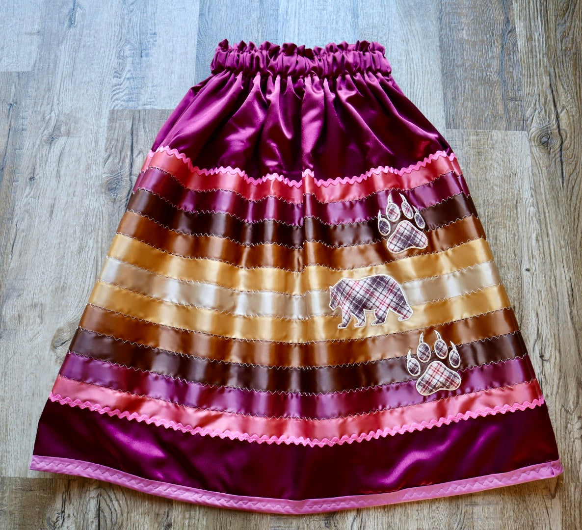 Couture Embroidered Stacked Bear & Bearpaw Ribbon Skirt Pockets Womens Maroon Satin Gold Ombre OOAK Indigenous HandMade *up to 50 inches* (enter desired sizes waist size “inches” or Dress/Pants size in order notes)