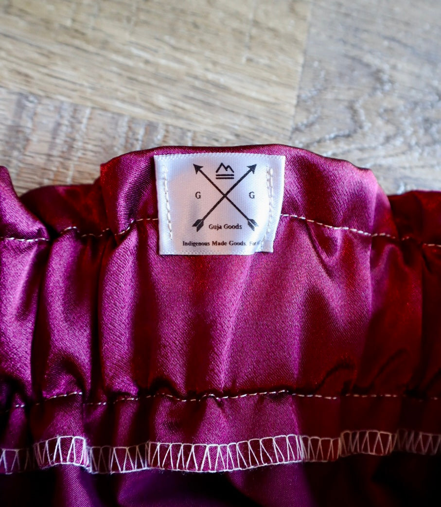 Couture Embroidered Stacked Bear & Bearpaw Ribbon Skirt Pockets Womens Maroon Satin Gold Ombre OOAK Indigenous HandMade *up to 50 inches* (enter desired sizes waist size “inches” or Dress/Pants size in order notes)