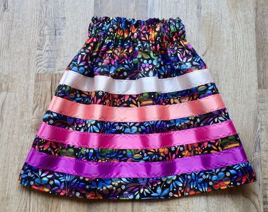 Handmade Ribbon Skirt, Child Size 3-5 Purple Pink Ombre Dark Floral Print Premium Cotton, OOAK Indigenous Made Clothing