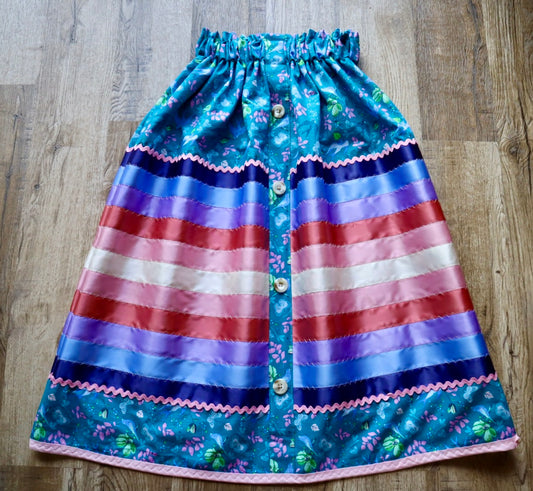 Couture Ribbon Skirt: Teal Butterfly Floral Print Cotton with Buttons *up to 50 inches* (enter desired sizes waist size “inches” or Dress/Pants size in order notes)