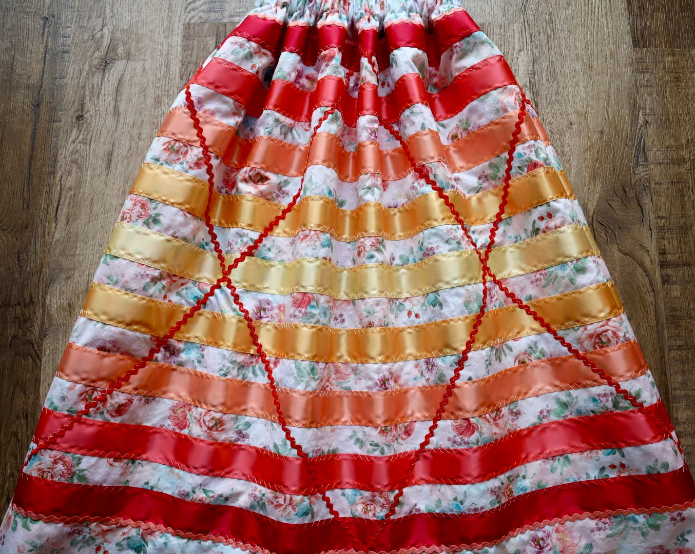 Couture Ribbon Pockets Womens Ruby Ombre Zigzag RicRac Ivory Floral Print Premium Cotton OOAK Indigenous HandMade Clothing CustomWaist *up to 50 inches* (enter desired waist size “inches” or Dress/Pants size in order notes)