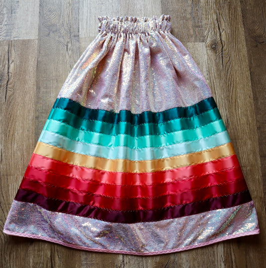 Handmade Stacked Ribbon Skirt: Iridescent Sequins Maroon to Turquoise Ombre Pockets *up to 50 inches* (enter desired sizes waist size “inches” or Dress/Pants size in order notes)