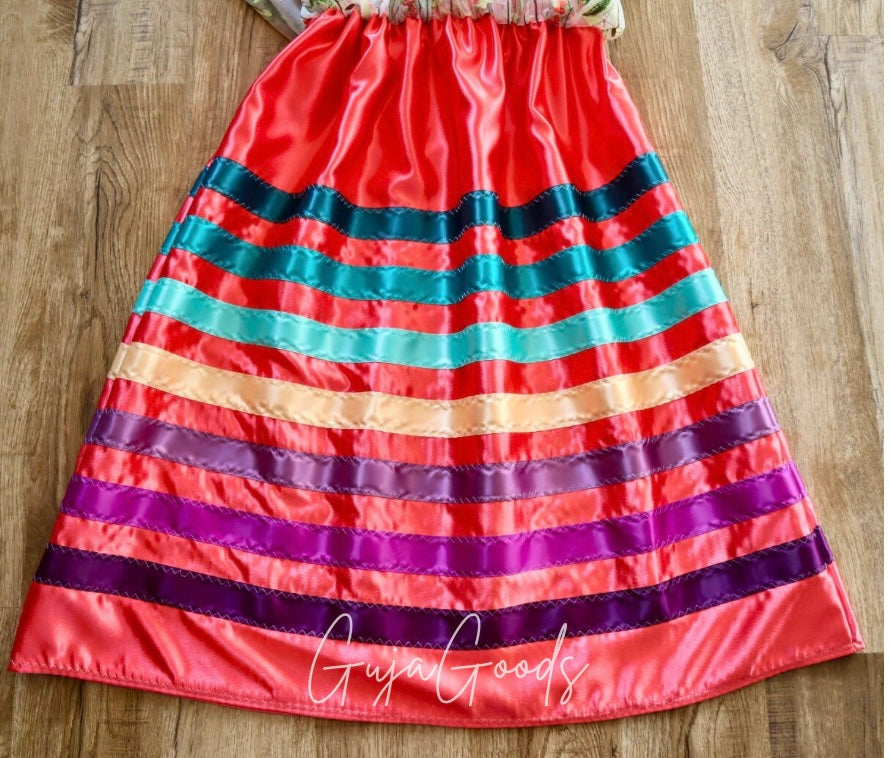 Couture Embroidered Floral Lace Ribbon Skirt, Handmade Coral Satin Overlay *up to 50 inches* (enter desired sizes waist size “inches” or Dress/Pants size in order notes)