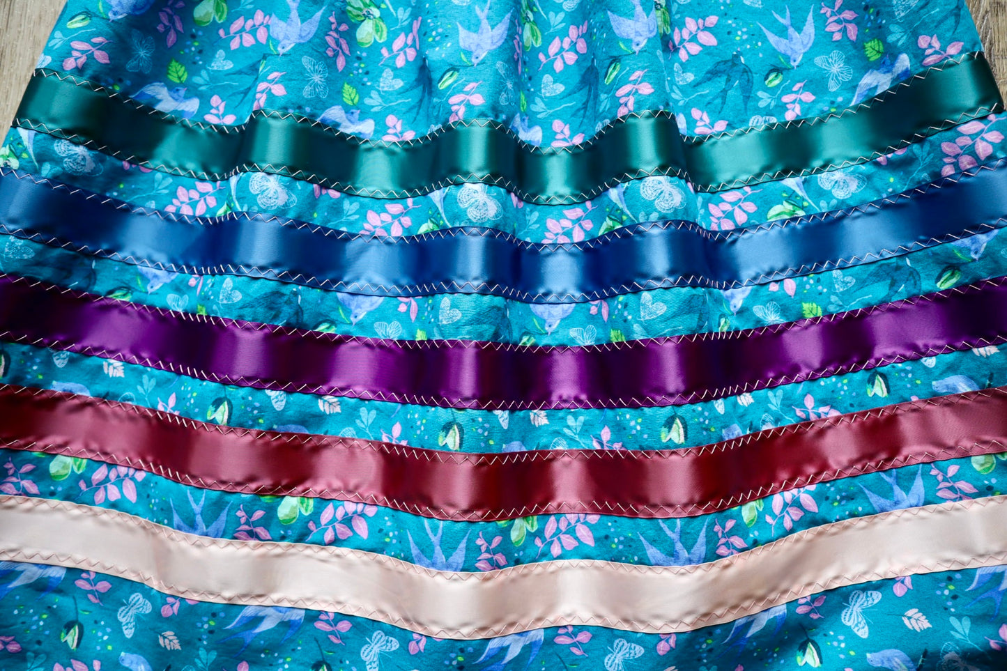 Handmade Ceremony, Casual Ribbon Skirt: Jewel Tones, Blue Floral Print, Custom Waist *up to 50 inches* (enter desired sizes waist size “inches” or Dress/Pants size in order notes)