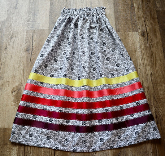 Handmade Ceremony, Casual Ribbon Skirt: Fire Tones, White and Black Floral Print, Custom Waist *up to 50 inches* (enter desired sizes waist size “inches” or Dress/Pants size in order notes)