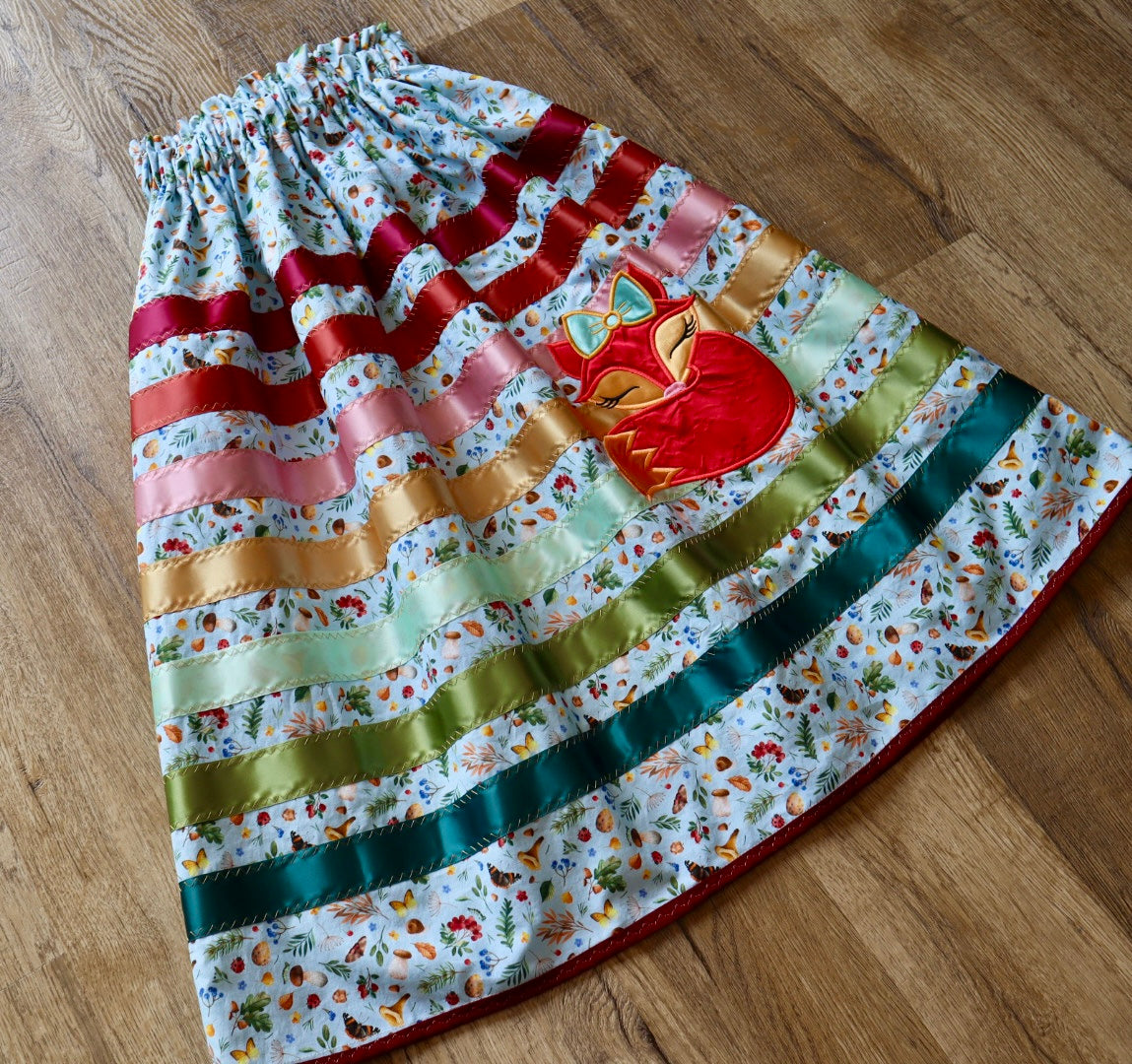 Couture Appliqué Ribbon Skirt Red Fox Pockets Womens Woods Floral Sky Blue Print Premium Cotton OOAK Indigenous HandMade Clothing CustomWaist *up to 50 inches* (enter desired waist size “inches” or Dress/Pants size in order notes)