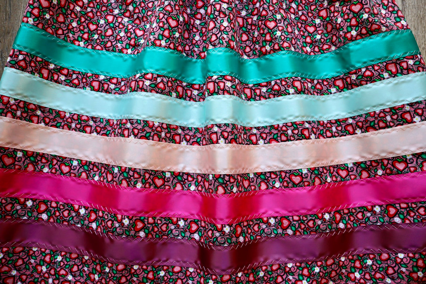 Handmade Ceremony, Casual Ribbon Skirt: Turquoise to Pink Ombre, Heart Berry Indigenous Floral Print, Custom Waist *up to 50 inches* (enter desired sizes waist size “inches” or Dress/Pants size in order notes)