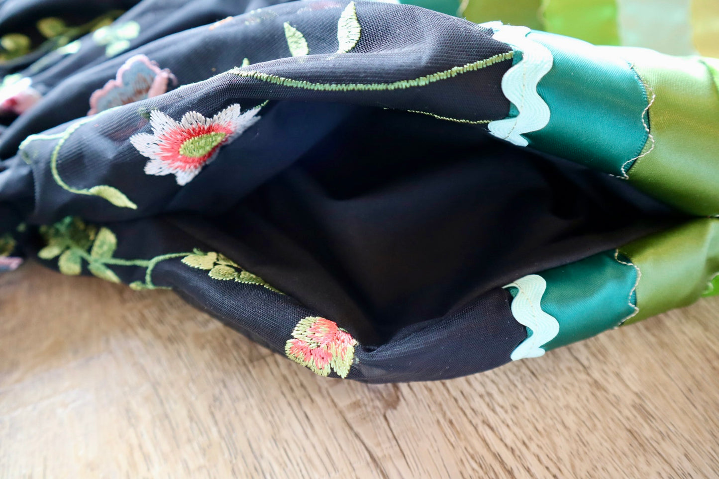 Couture Stacked Ribbon Skirt Pockets Womens Black Lace Green Pink Tone Ombre RicRac Cotton OOAK Indigenous HandMade *up to 50 inches* (enter desired sizes waist size “inches” or Dress/Pants size in order notes)