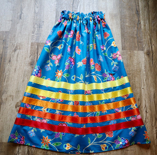 Handmade Ceremony, Casual Ribbon Skirt: Fire Tones, Blue  Indigenous Floral Print, Custom Waist *up to 50 inches* (enter desired sizes waist size “inches” or Dress/Pants size in order notes)