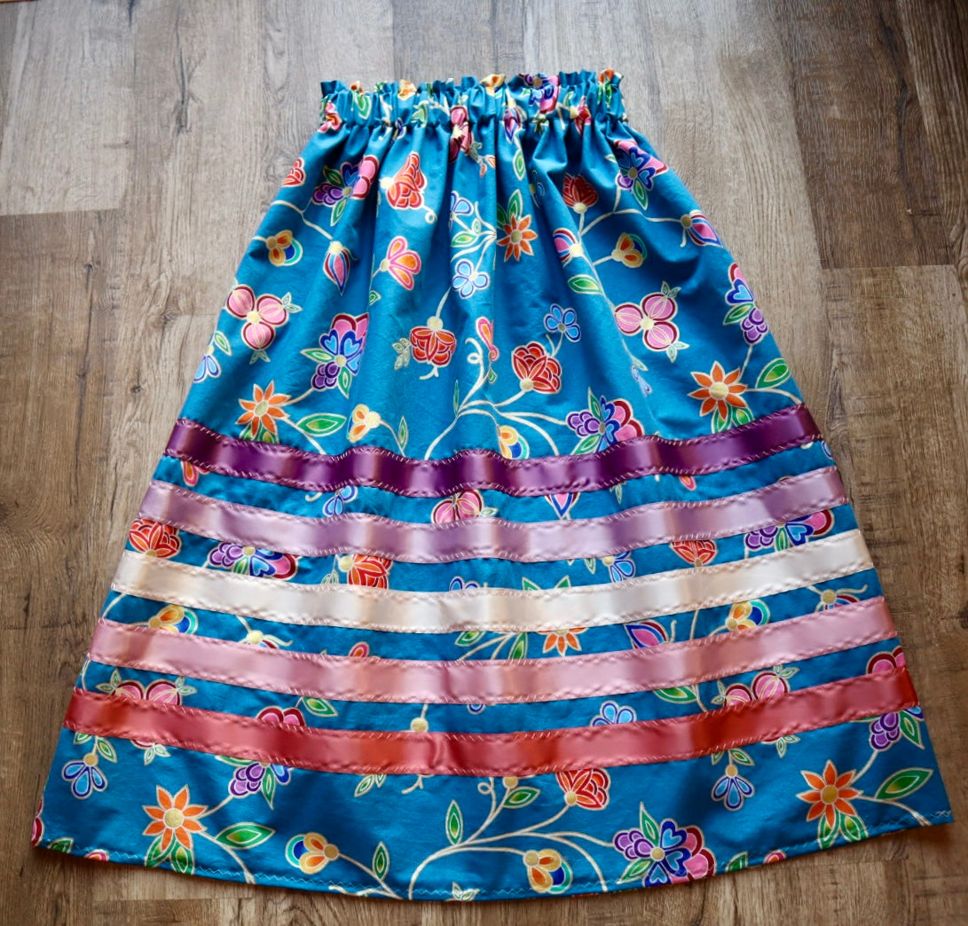 Handmade Ceremony, Casual Ribbon Skirt: Jewel Tones, Blue Floral Print, Custom Waist *up to 50 inches* (enter desired sizes waist size “inches” or Dress/Pants size in order notes)