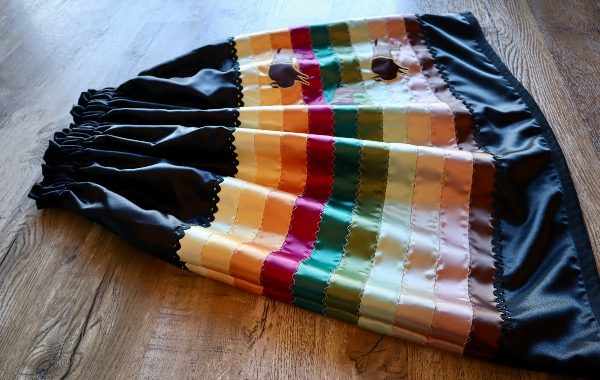 Couture Embroidered Stacked Bison Ribbon Skirt Pockets Womens Black Satin Earth Tones Ombre OOAK Indigenous HandMade *up to 50 inches* (enter desired sizes waist size “inches” or Dress/Pants size in order notes)