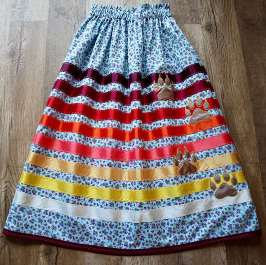 Couture Embroidered Bearpaw Ribbon Skirt Pockets Womens Blue Floral Premium Cotton Fire Tones OOAK Indigenous HandMade *up to 50 inches* (enter desired sizes waist size “inches” or Dress/Pants size in order notes)