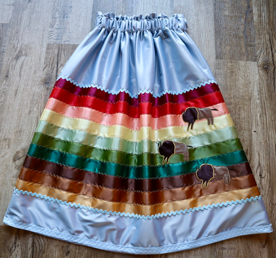 Couture Embroidered Stacked Bison Ribbon Skirt Pockets Womens Pale Blue Satin Earth Tones Ombre OOAK Indigenous HandMade *up to 50 inches* (enter desired sizes waist size “inches” or Dress/Pants size in order notes)