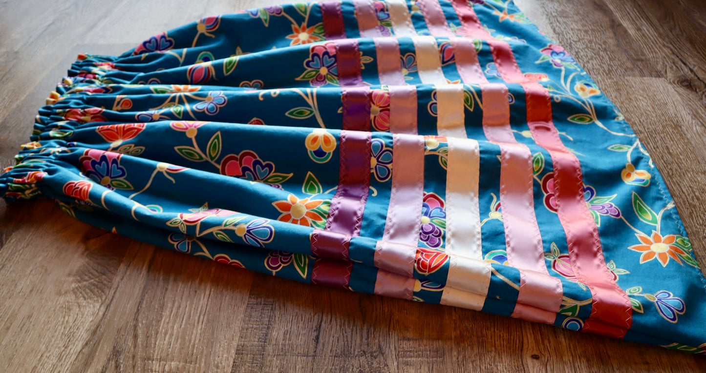 Handmade Ceremony, Casual Ribbon Skirt: Jewel Tones, Blue Floral Print, Custom Waist *up to 50 inches* (enter desired sizes waist size “inches” or Dress/Pants size in order notes)
