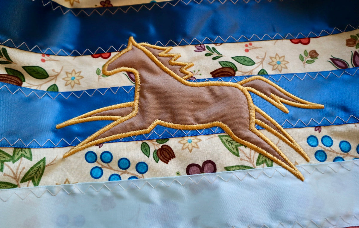 Couture Embroidered Star & Pony Ribbon Skirt Pockets Womens Black Floral Cotton Blue to Green Ombre OOAK Indigenous HandMade *up to 50 inches* (enter desired sizes waist size “inches” or Dress/Pants size in order notes)
