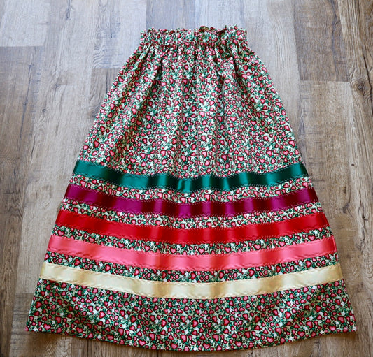 Handmade Ceremony, Casual Ribbon Skirt: Green to Yellow Ombre, Heart Berry Indigenous Floral Print, Custom Waist *up to 50 inches* (enter desired sizes waist size “inches” or Dress/Pants size in order notes)