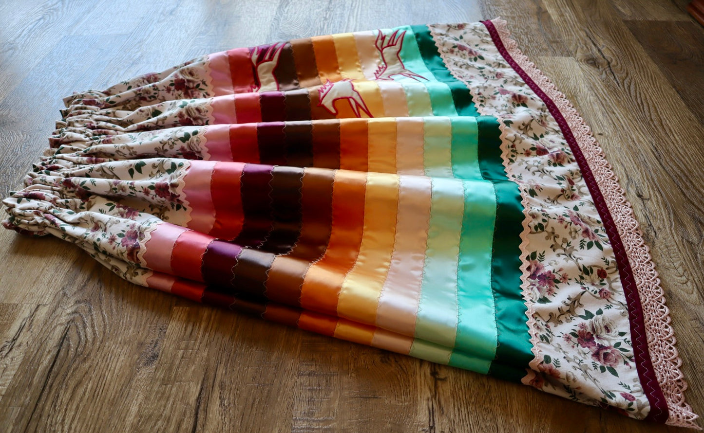 Couture Embroidered Stacked Pony Ribbon Skirt Pockets Womens Floral Cotton Pink Turquoise Ombre OOAK Indigenous HandMade *up to 50 inches* (enter desired sizes waist size “inches” or Dress/Pants size in order notes)