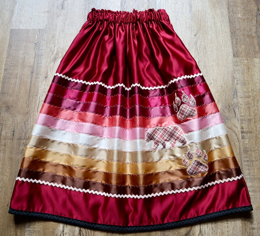 Couture Embroidered Stacked Bear & Bearpaw Ribbon Skirt Pockets Womens Maroon Satin Earth Tones Ombre OOAK Indigenous HandMade *up to 50 inches* (enter desired sizes waist size “inches” or Dress/Pants size in order notes)