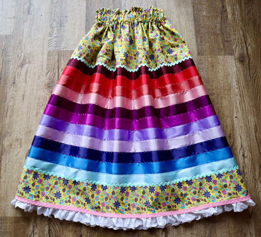 Couture Stacked Ribbon Skirt Pockets Womens Yellow Floral Purple Blue Ombre RicRac Premium Cotton OOAK Indigenous HandMade *up to 50 inches* (enter desired sizes waist size “inches” or Dress/Pants size in order notes)