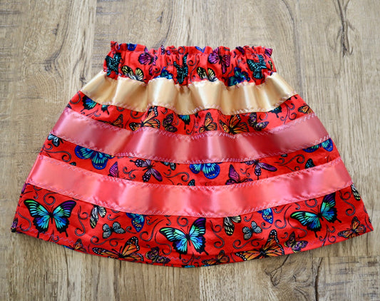 Handmade Toddler Ribbon Skirt, 18M-3T Red Butterfly Print Premium Cotton, OOAK Indigenous Made Clothing