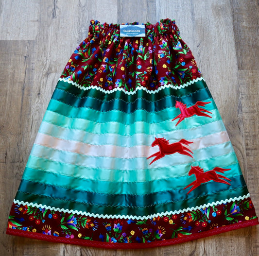 Couture Embroidered Stacked Pony Ribbon Skirt Pockets Womens Indigenous Maroon Floral Cotton Turquoise Ombre OOAK Indigenous HandMade *up to 50 inches* (enter desired sizes waist size “inches” or Dress/Pants size in order notes)