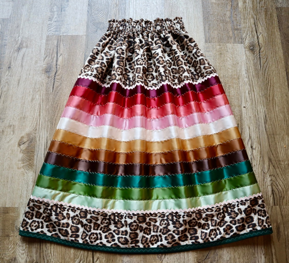 Couture Stacked Ribbon Skirt Pockets Detachable Bows Womens Cheetah Print Earth Tone Ombre RicRac Premium Cotton OOAK Indigenous HandMade *up to 50 inches* (enter desired sizes waist size “inches” or Dress/Pants size in order notes)