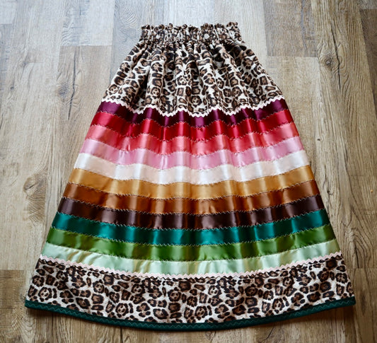 Couture Stacked Ribbon Skirt Pockets Detachable Bows Womens Cheetah Print Earth Tone Ombre RicRac Premium Cotton OOAK Indigenous HandMade *up to 50 inches* (enter desired sizes waist size “inches” or Dress/Pants size in order notes)