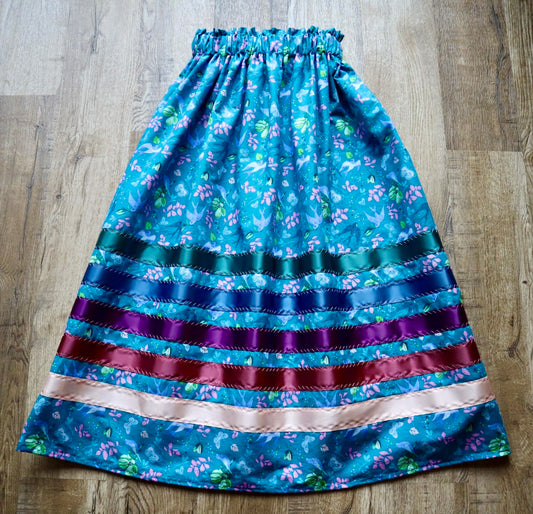 Handmade Ceremony, Casual Ribbon Skirt: Jewel Tones, Blue Floral Print, Custom Waist *up to 50 inches* (enter desired sizes waist size “inches” or Dress/Pants size in order notes)