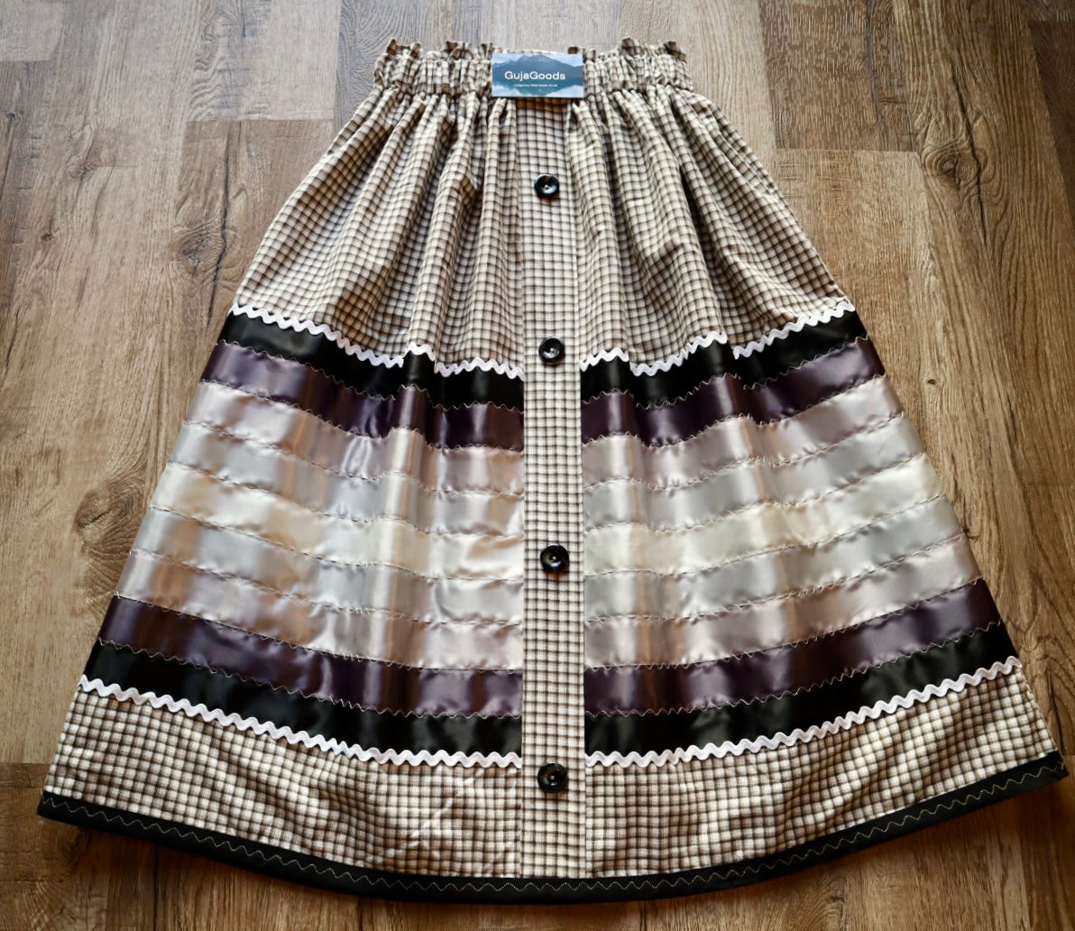 Couture Stacked Ribbon Skirt:  Cream Plaid Cotton with Buttons *up to 50 inches* (enter desired sizes waist size “inches” or Dress/Pants size in order notes)