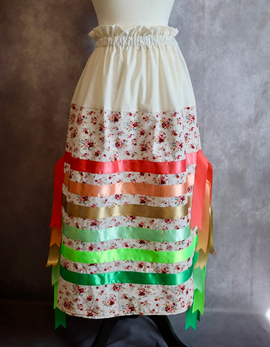 Couture Ribbon Skirt Pockets Side Fringe Women’s, Two-Tone Bright Floral Print Cotton OOAK Indigenous HandMade Clothing, CustomWaist (enter desired waist size “inches” in order notes)