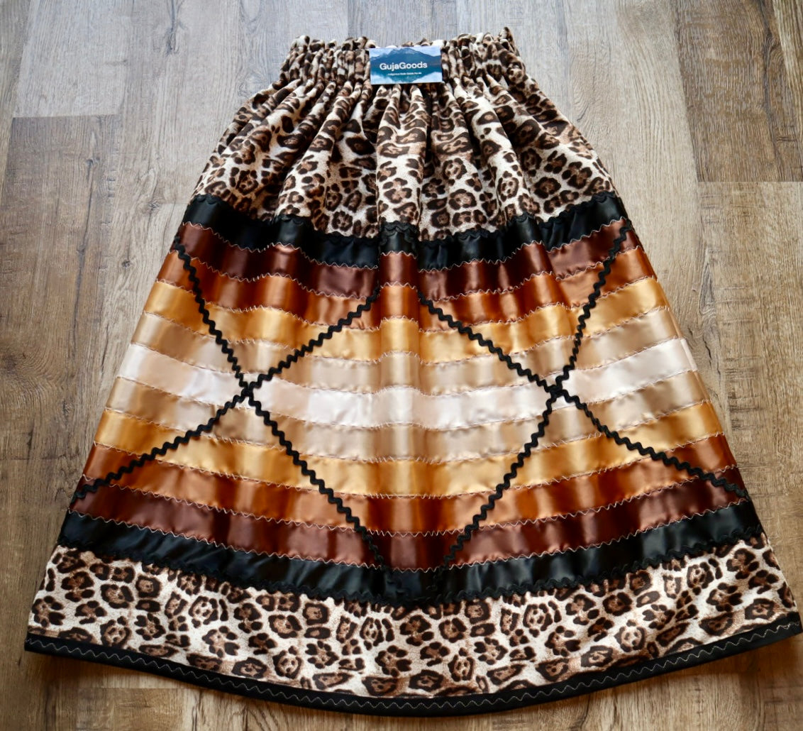 Couture Stacked Ribbon Skirt Pockets Womens Leopard Print Black Gold Ombre Ric Rac OOAK Indigenous HandMade *up to 50 inches* (enter desired sizes waist size “inches” or Dress/Pants size in order notes)