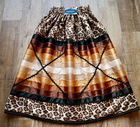 Couture Stacked Ribbon Skirt Pockets Womens Leopard Print Black Gold Ombre Ric Rac OOAK Indigenous HandMade *up to 50 inches* (enter desired sizes waist size “inches” or Dress/Pants size in order notes)