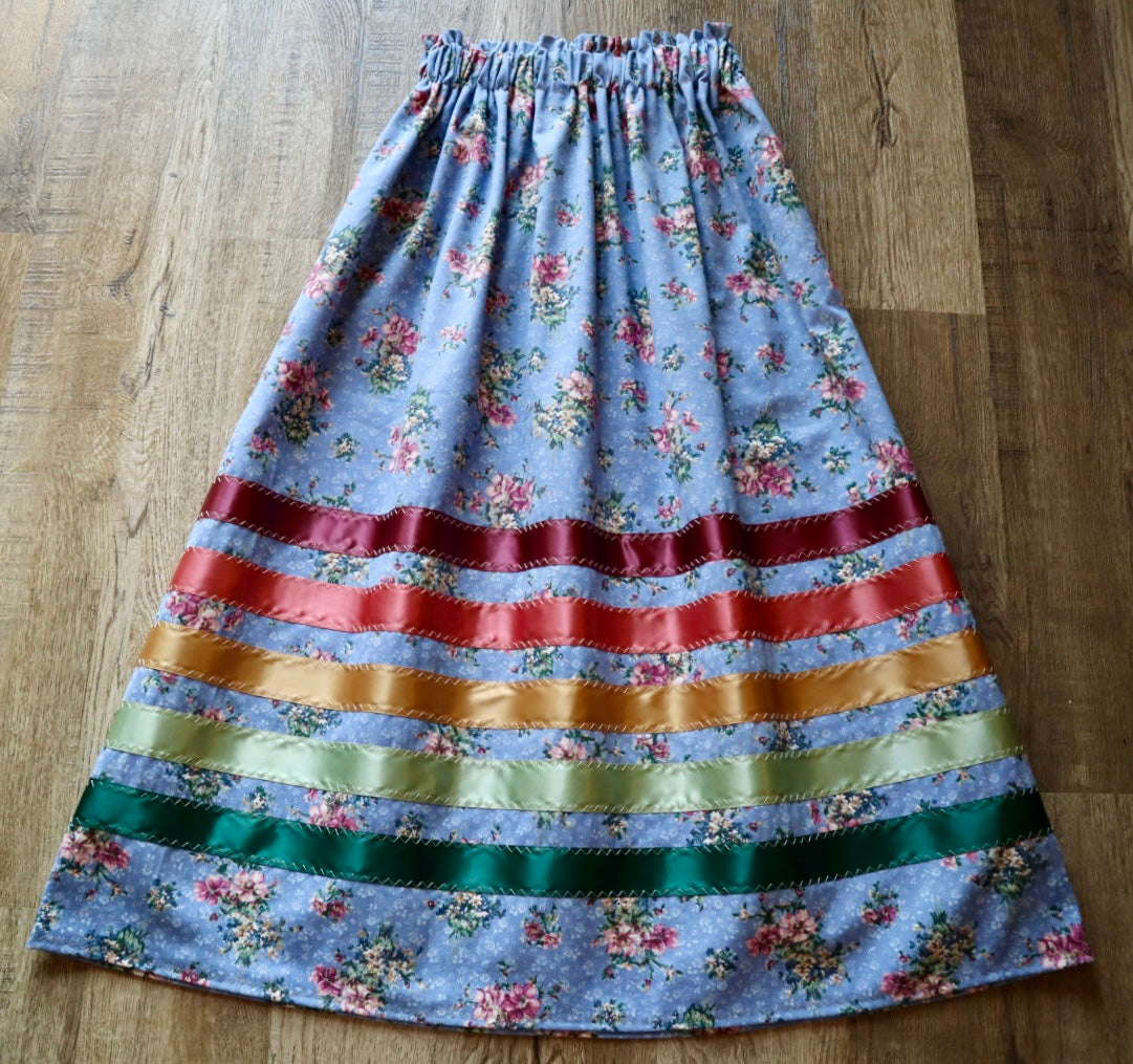 Handmade Ceremony, Casual Ribbon Skirt: Earth Tones, Blue Floral Print, Custom Waist *up to 50 inches* (enter desired sizes waist size “inches” or Dress/Pants size in order notes)