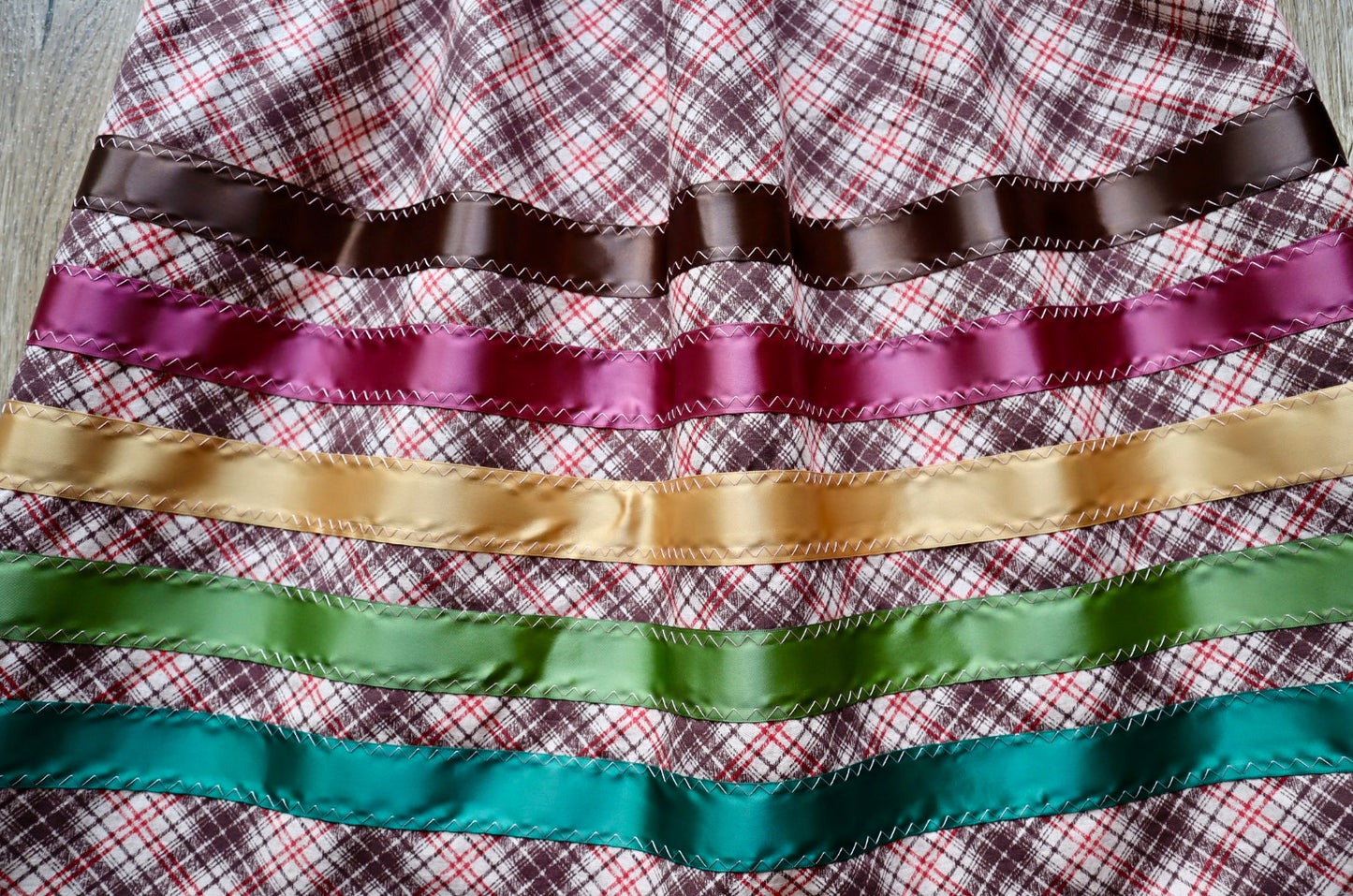 Handmade Ceremony, Casual Ribbon Skirt: Earth Tones, Brown and Red Plaid Print, Custom Waist *up to 50 inches* (enter desired sizes waist size “inches” or Dress/Pants size in order notes)