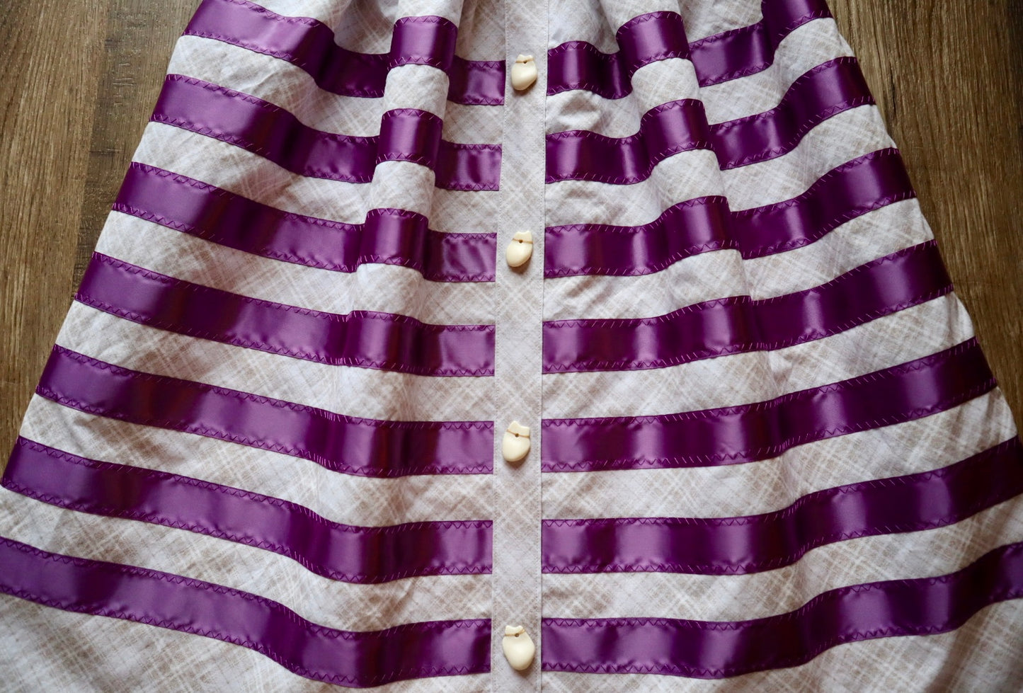 Couture Ribbon Skirt:  Ivory Plaid Cotton with Faux Elk Teeth “Buttons”*up to 50 inches* (enter desired waist size “inches” or Dress/Pants size in order notes)