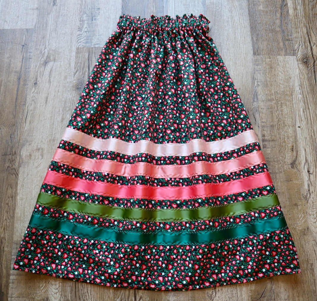 Handmade Ceremony, Casual Ribbon Skirt: Green to Ivory Ombre, Heart Berry Indigenous Floral Print, Custom Waist *up to 50 inches* (enter desired sizes waist size “inches” or Dress/Pants size in order notes)
