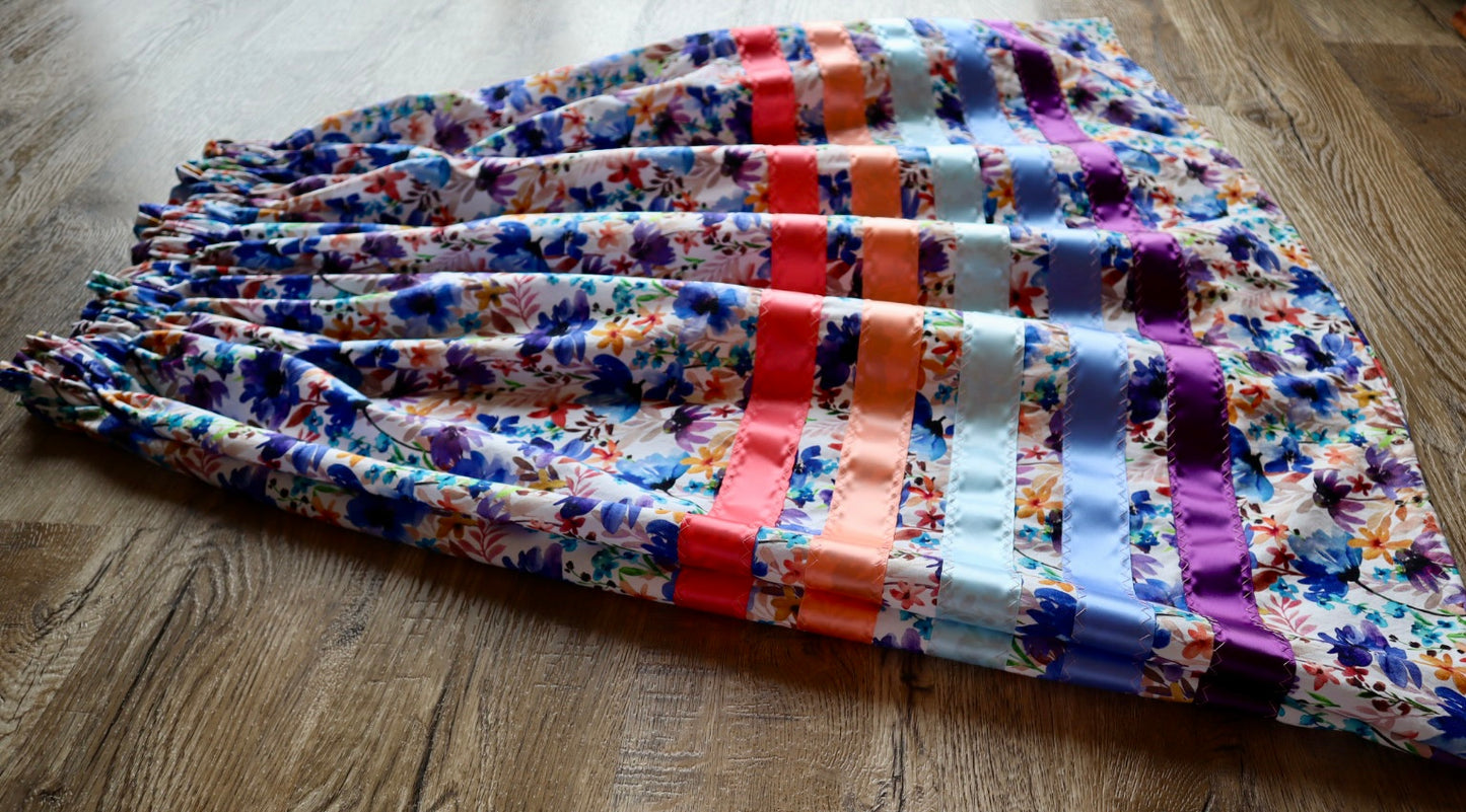 Handmade Ceremony, Casual Ribbon Skirt: Blue to Peach Ombre, Blue Floral Print, Custom Waist *up to 50 inches* (enter desired sizes waist size “inches” or Dress/Pants size in order notes)
