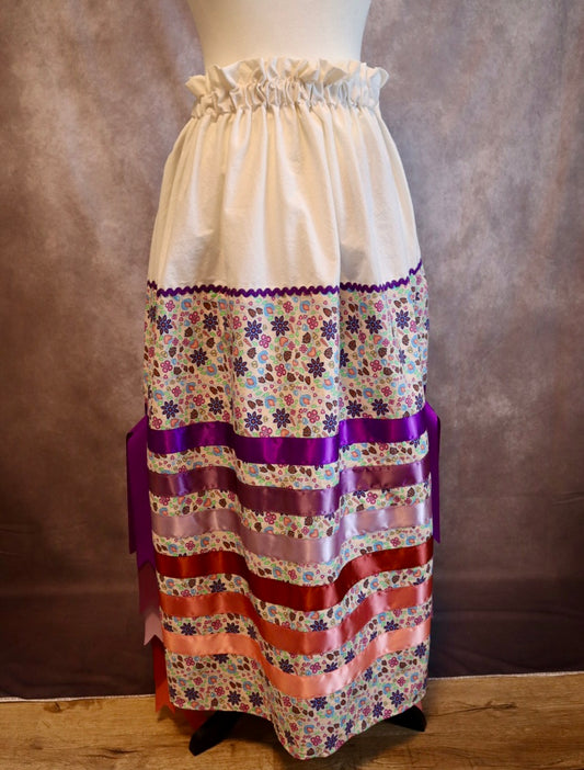 Couture Ribbon Skirt Pockets Side Fringe Women’s, Two-Tone Amethyst/Copper/Cream Floral Print, OOAK Indigenous HandMade Clothing, CustomWaist (enter desired waist size “inches” in order notes)