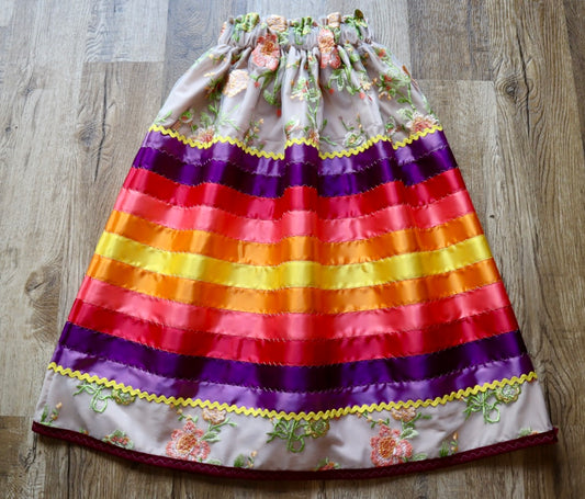Couture Stacked Ribbon Skirt Pockets Womens Yellow Peach Lace Fire Tones Ombre RicRac Premium Cotton OOAK Indigenous HandMade *up to 50 inches* (enter desired sizes waist size “inches” or Dress/Pants size in order notes)